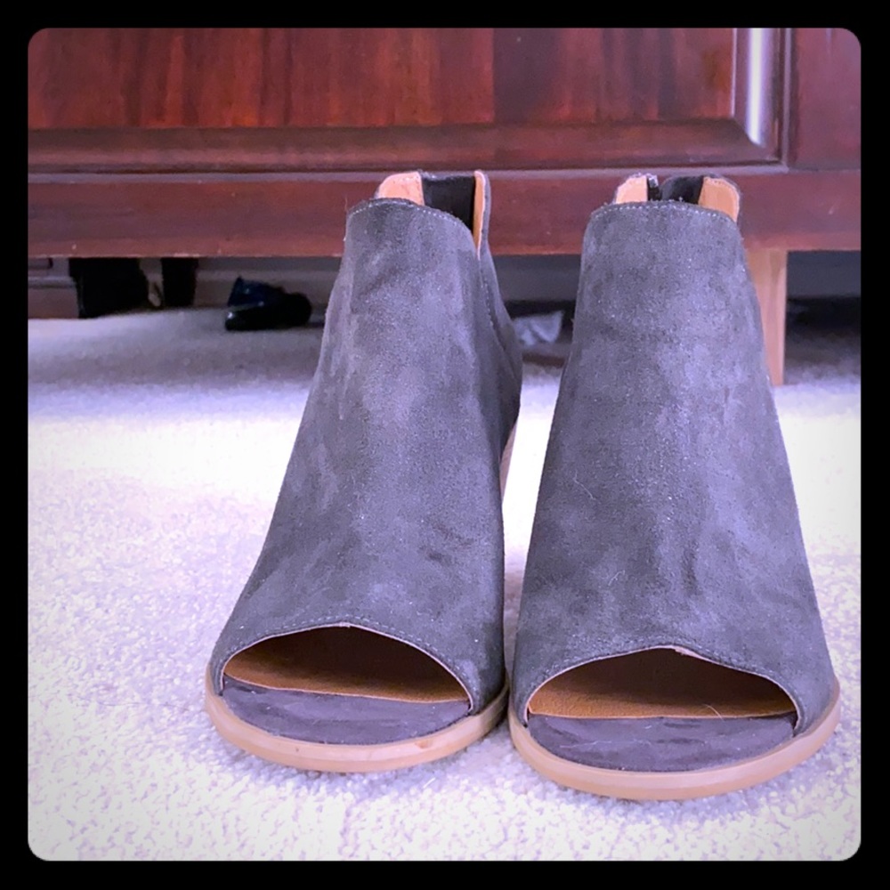 Peep toe suede bootie.